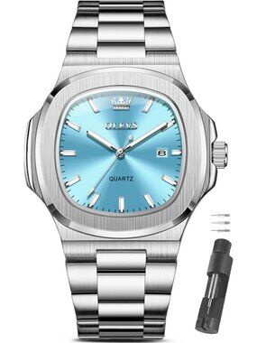 Men's Silver Mint Blue Luxury Stainless Octagon Analog Quartz Waterproof Watch
